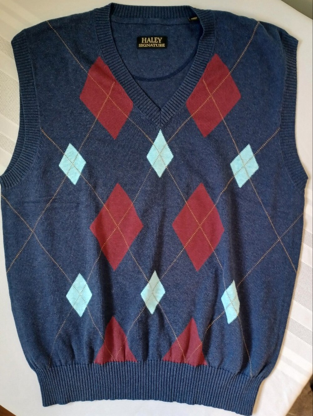 NWOT Haley Signature Navy Argyle V-Neck Sweater Vest 100% Pima Cotton - Men's L
